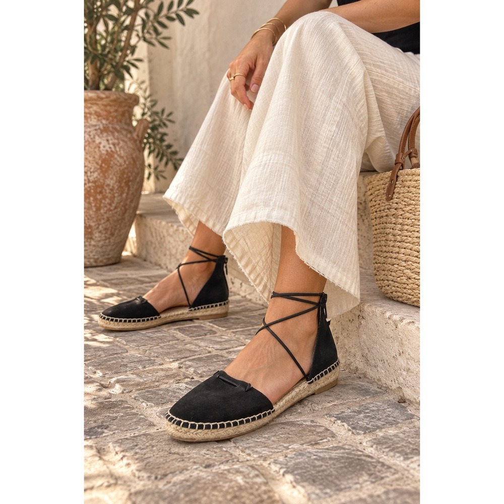 Eileen Fisher Lace Leather Espadrille Flats 8.5 Black Ankle Wrap Coastal Boho